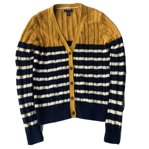 Tommy Hilfiger Sweater Sz S Button Up Thick Knit Cardigan Stripes Yellow Work - Picture 1 of 11